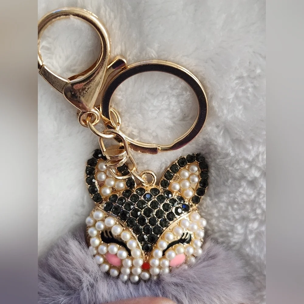 Fox Elegant Gold and Gray Pom Pom Keychain Bag Charm
